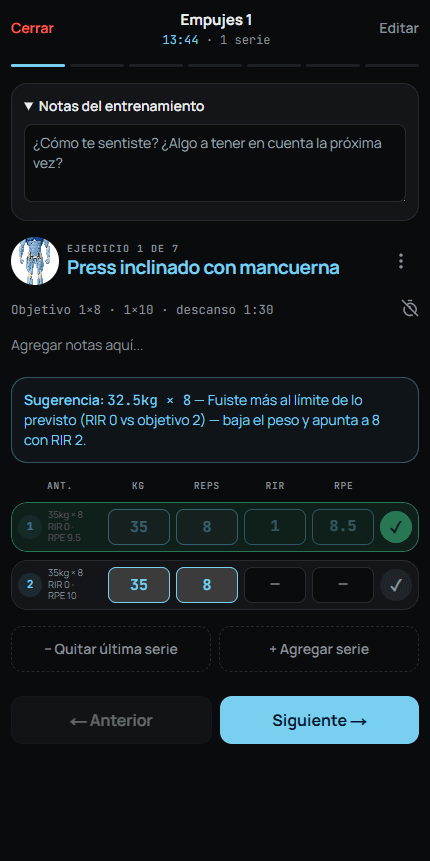 Sesión de entreno en curso con registro serie a serie