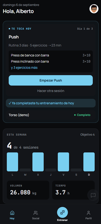 Pantalla de inicio de SmashRIR con el entreno del día y el resumen semanal
