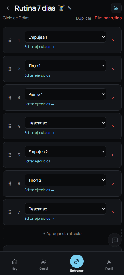 Editor de una rutina de 7 días con ciclo